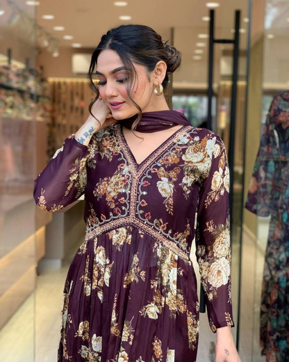 MAROON COLOURED  WOMEN'S GEORGETTE  KURTA WITH PANT DUPATTA  SET