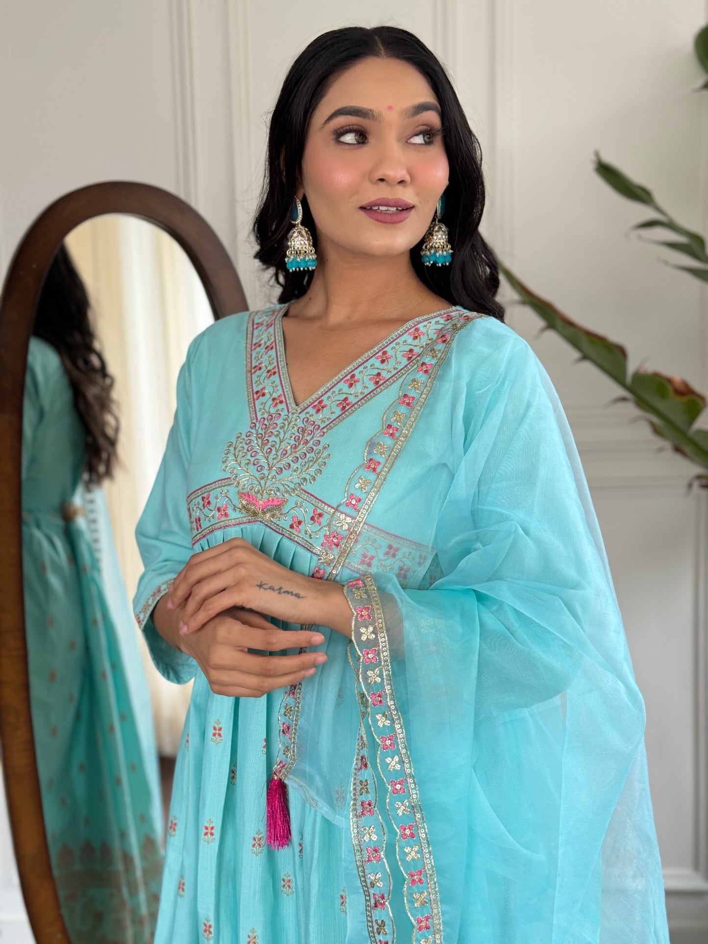 SKY BLUE  COLOURED WOMEN'S REYON SLUB WITH KHADI PRINT KURTA SET