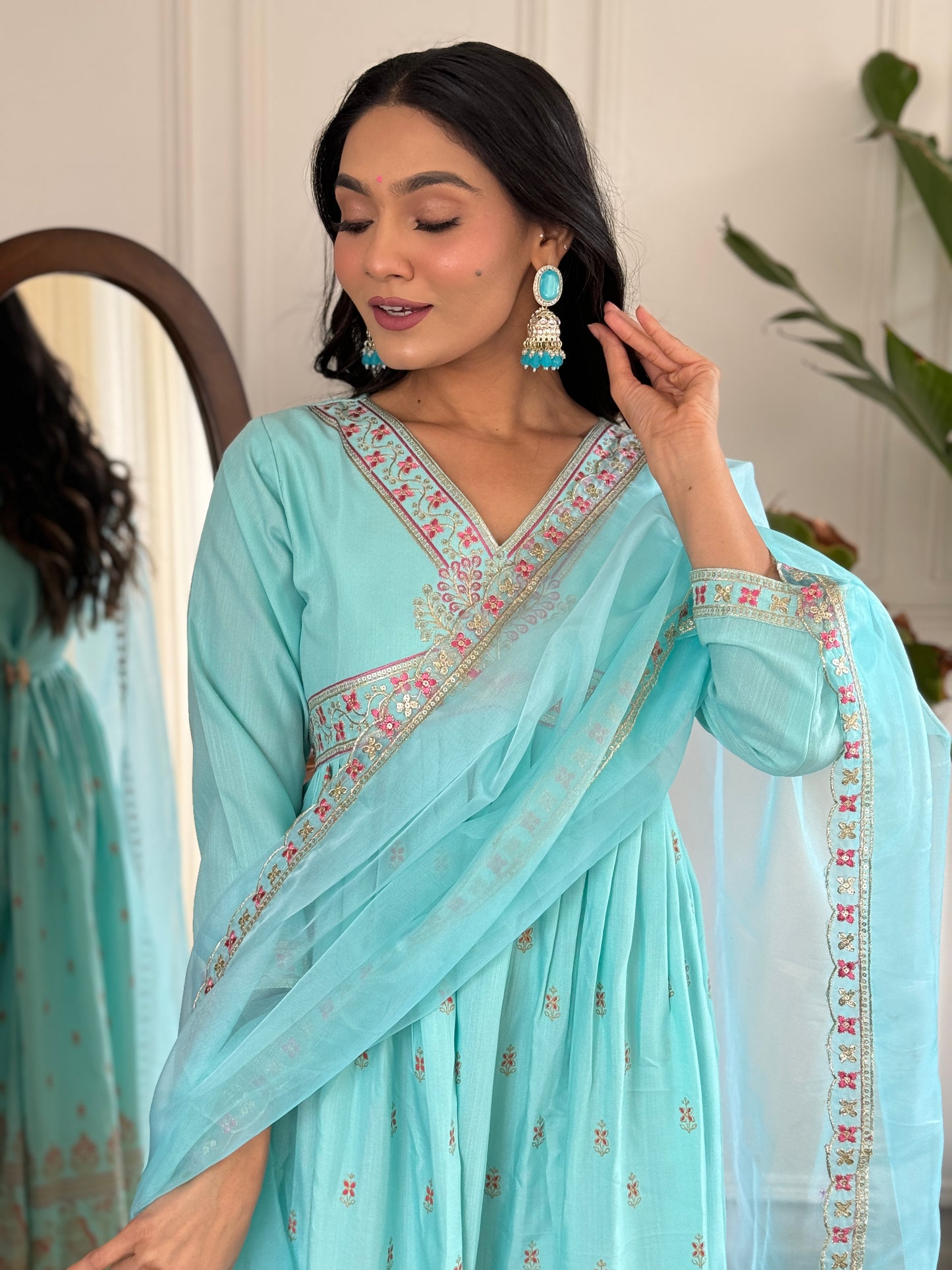 SKY BLUE  COLOURED WOMEN'S REYON SLUB WITH KHADI PRINT KURTA SET