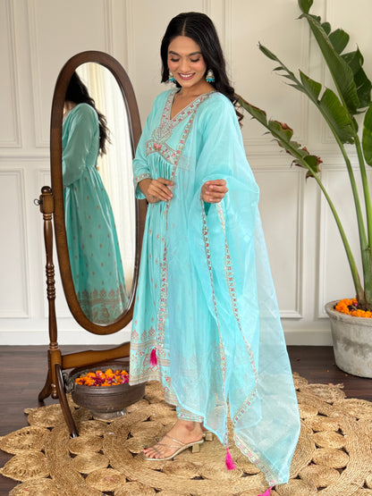 SKY BLUE  COLOURED WOMEN'S REYON SLUB WITH KHADI PRINT KURTA SET