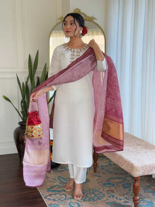 MANVI WHITE WOMEN'S ROMAN SILK EMBROIDERED STRAIGHT KURTA WITH PANT DUPATTA SETS