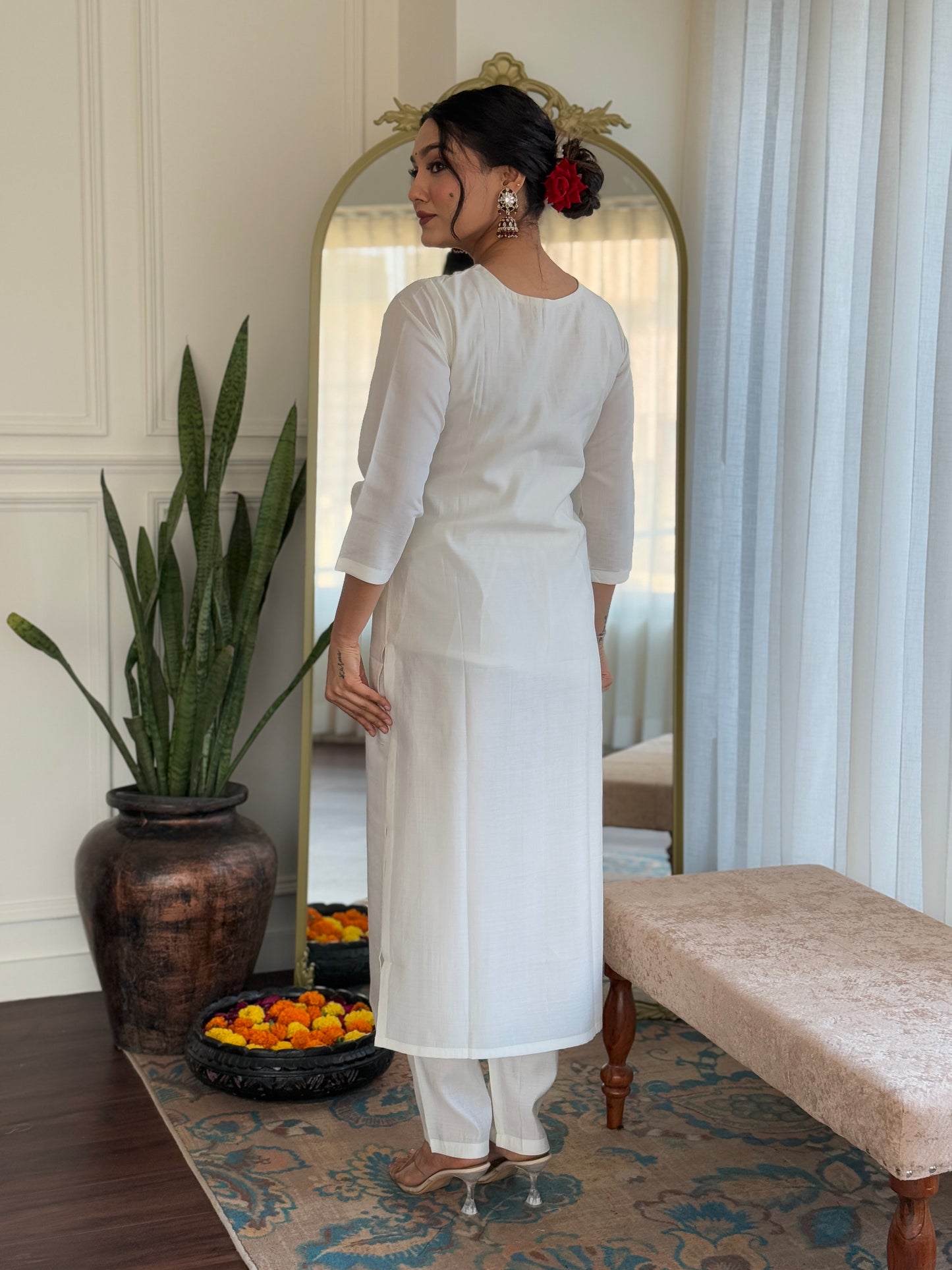 MANVI WHITE WOMEN'S ROMAN SILK EMBROIDERED STRAIGHT KURTA WITH PANT DUPATTA SETS