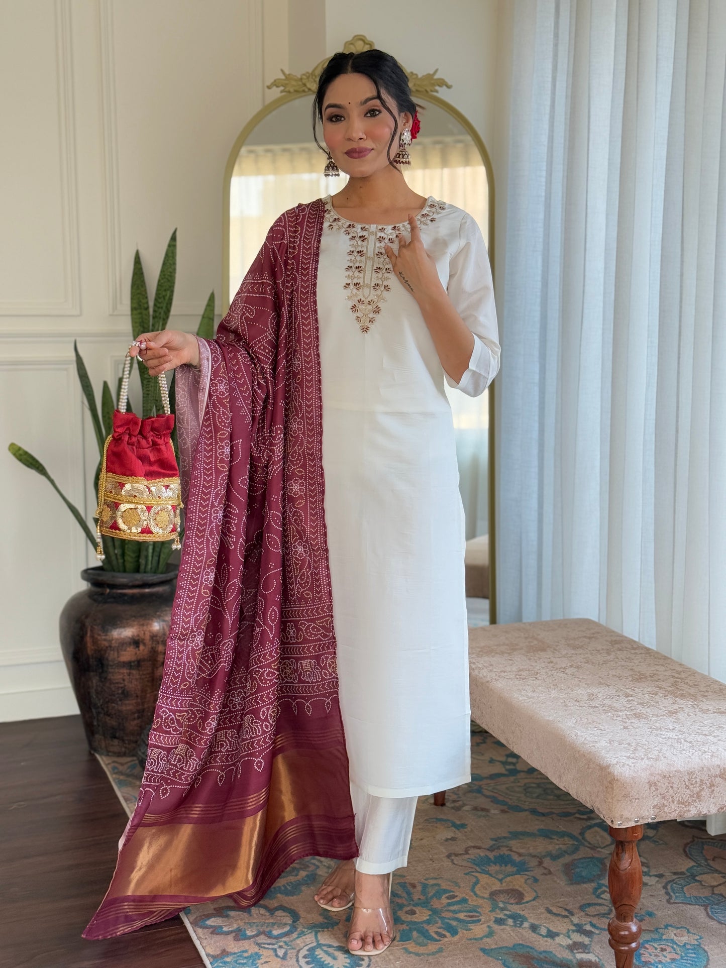 MANVI WHITE WOMEN'S ROMAN SILK EMBROIDERED STRAIGHT KURTA WITH PANT DUPATTA SETS