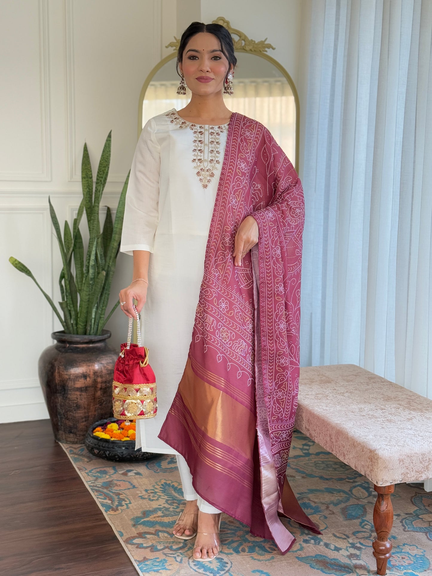 MANVI WHITE WOMEN'S ROMAN SILK EMBROIDERED STRAIGHT KURTA WITH PANT DUPATTA SETS