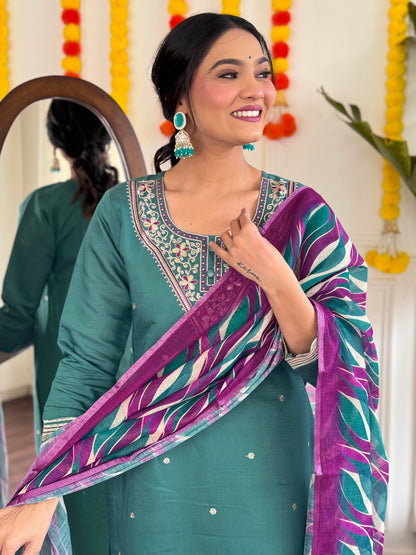 BLUE GREEN WOMEN;S VISCOSE CHANDERI STRAIGHT  KURTA  WITH PANT  LINNEN DUPATTA SET