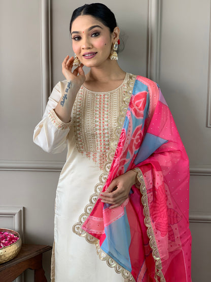 NARGIS  WHITE WOMEN'S VISCOSE CHANDERI KURTA SET