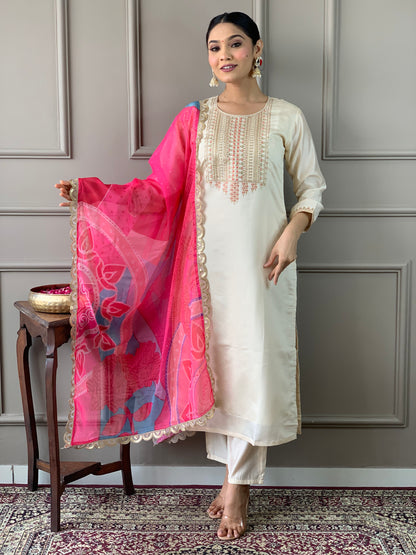 NARGIS  WHITE WOMEN'S VISCOSE CHANDERI KURTA SET