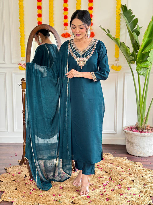 BLUE WOMEN'S VISCOSE CHANDERI KURTA SET