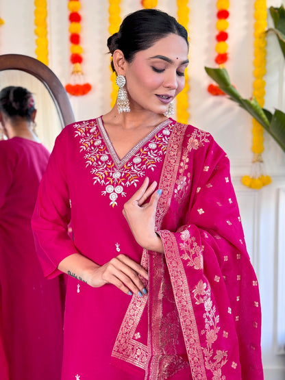 PINK COLOURED  WOMEN'S VISCOSE CHANDERI EMBROIDERED STRAIGHT KURTA WITH PANT DUPATTA SET