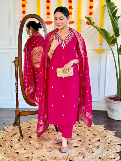 PINK COLOURED  WOMEN'S VISCOSE CHANDERI EMBROIDERED STRAIGHT KURTA WITH PANT DUPATTA SET