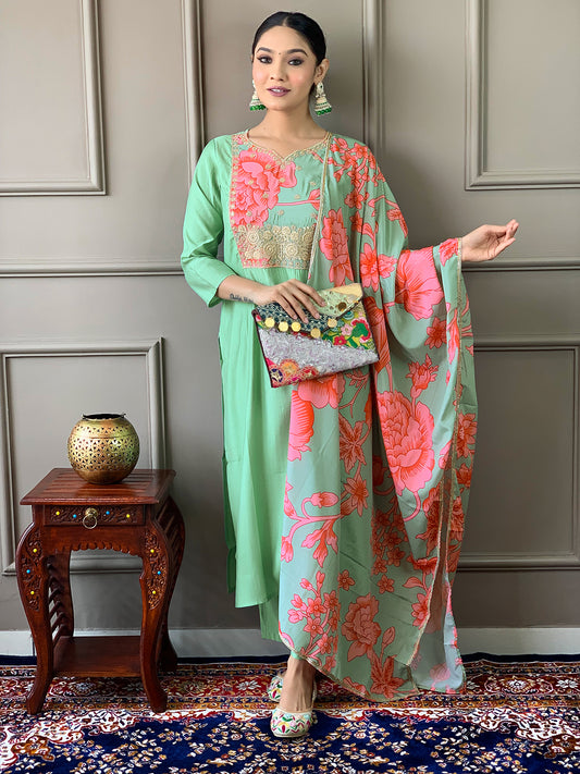 PISTA COLOURED  WOMEN'S  CHANDERI  WITH COTTON LINNING  EMBROIDERED STRAIGHT KURTA WITH PANT DUPATTA SET