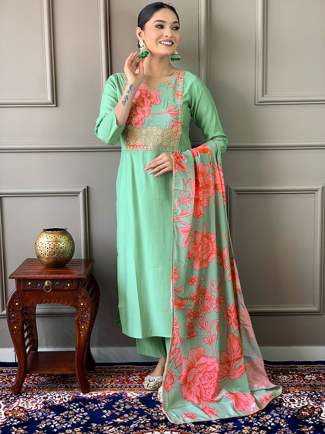 PISTA COLOURED  WOMEN'S  CHANDERI  WITH COTTON LINNING  EMBROIDERED STRAIGHT KURTA WITH PANT DUPATTA SET