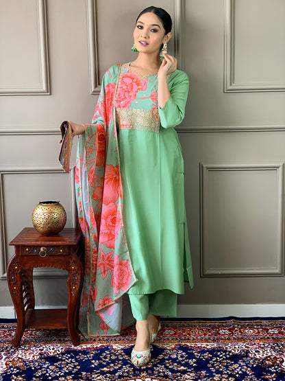 PISTA COLOURED  WOMEN'S  CHANDERI  WITH COTTON LINNING  EMBROIDERED STRAIGHT KURTA WITH PANT DUPATTA SET