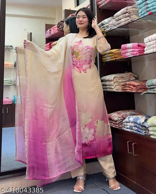 NAOMIKA WHITE WOMEN'S  TEBY SILK KURTA SET
