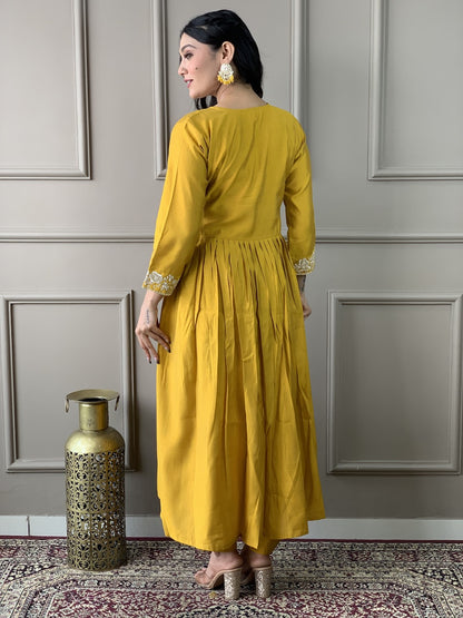 OLIVIA YELLOW COLOURED  WOMEN'S  VISCOSE CHANDERIE  EMBROIDERED  KURTA WITH PANT DUPATTA SET