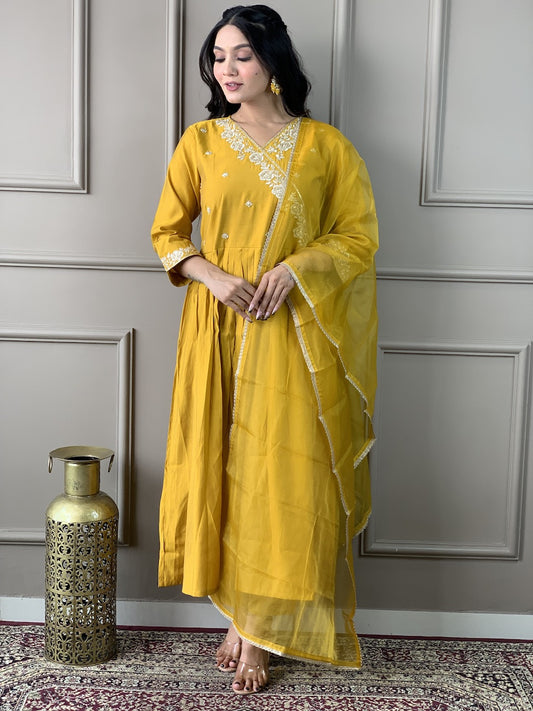 OLIVIA YELLOW COLOURED  WOMEN'S  VISCOSE CHANDERIE  EMBROIDERED  KURTA WITH PANT DUPATTA SET