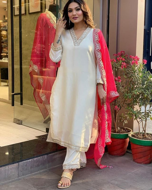 PANCHHI WHITE  COLOURED  WOMEN'SCHANDERI EMBROIDERED  KURTA WITH PANT DUPATTA SET