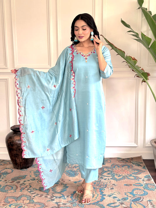 PRACHI SKY COLOURED  WOMEN'S CHANDERI EMBROIDERED  KURTA WITH PANT DUPATTA SET