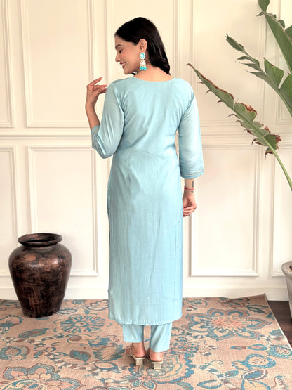 PRACHI SKY COLOURED  WOMEN'S CHANDERI EMBROIDERED  KURTA WITH PANT DUPATTA SET