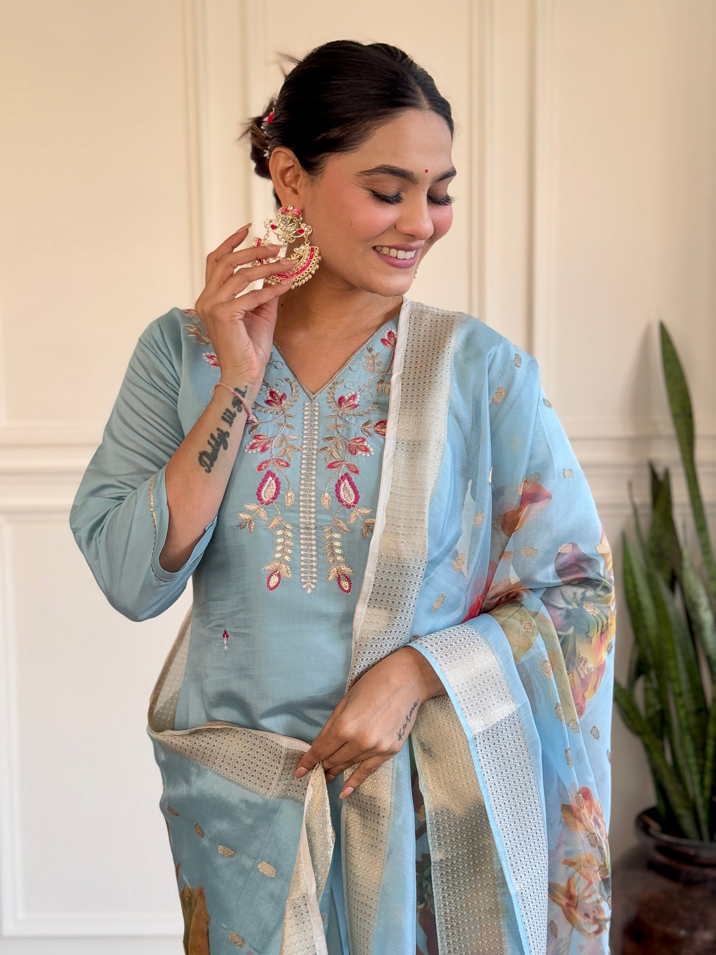 PARITA SKY COLOURED  WOMEN'S  VISCOSE CHANDERI  EMBROIDERED  KURTA WITH PANT DUPATTA SET