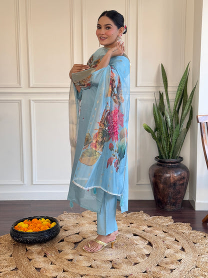 PARITA SKY COLOURED  WOMEN'S  VISCOSE CHANDERI  EMBROIDERED  KURTA WITH PANT DUPATTA SET