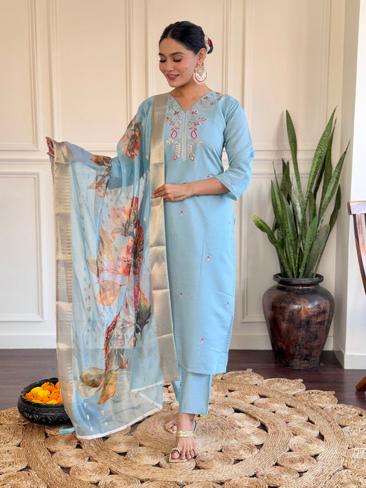 PARITA SKY COLOURED  WOMEN'S  VISCOSE CHANDERI  EMBROIDERED  KURTA WITH PANT DUPATTA SET