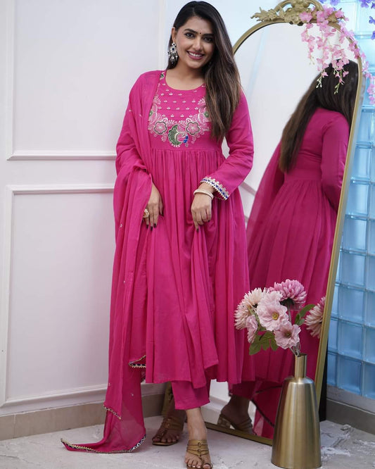 MORLO PINK  COLOURED  WOMEN'S BSY CHINNON  KURTA WITH PANT DUPATTA  SET