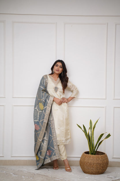 OFF WHITE  COLOURED  WOMEN'S VISCOSE CHANDERI KURTA WITH PANT DUPATTA  SET