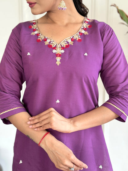 PURPLE COLOURED  WOMEN'S VISCOSE CHANDERI  EMBROIDERED  KURTA WITH PANT DUPATTA SET