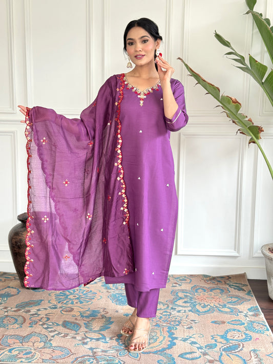 PURPLE COLOURED  WOMEN'S VISCOSE CHANDERI  EMBROIDERED  KURTA WITH PANT DUPATTA SET