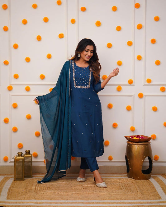 PRAGATI BLUE COLOURED  WOMEN'S RAYON SLUB  EMBROIDERED  KURTA WITH PANT DUPATTA SET
