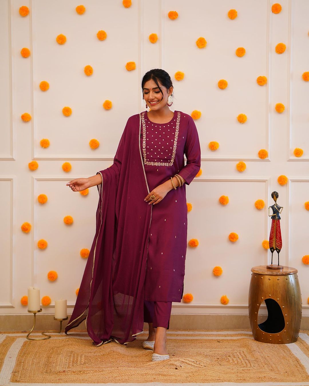 PRAGATI MAROON  COLOURED  WOMEN'S RAYON SLUB  EMBROIDERED  KURTA WITH PANT DUPATTA SET