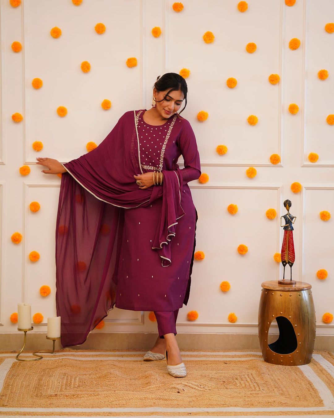 PRAGATI MAROON  COLOURED  WOMEN'S RAYON SLUB  EMBROIDERED  KURTA WITH PANT DUPATTA SET