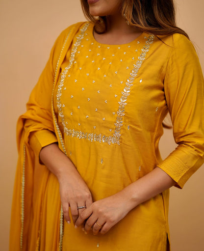 PRAGATI YELLOW  COLOURED  WOMEN'S RAYON SLUB  EMBROIDERED  KURTA WITH PANT DUPATTA SET