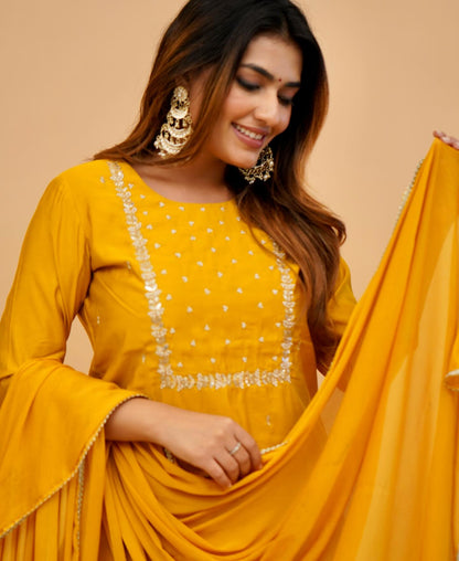 PRAGATI YELLOW  COLOURED  WOMEN'S RAYON SLUB  EMBROIDERED  KURTA WITH PANT DUPATTA SET