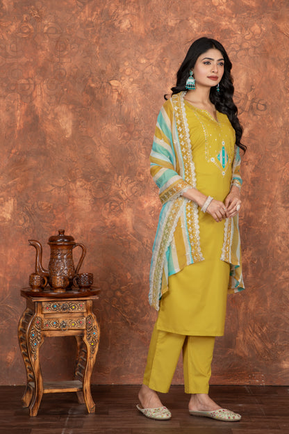 YELLOW COLOURED  WOMEN'S ROMAN SILK EMBROIDERED  KURTA WITH PANT DUPATTA  SET SET