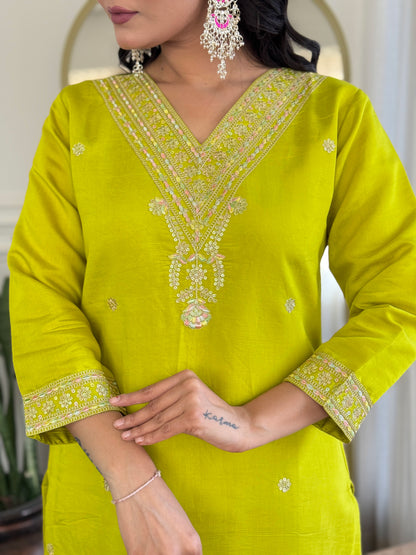 YELLOW GREEN COLOURED  WOMEN'S  VISCOSE CHANDERI  EMBROIDERED  KURTA WITH PANT DUPATTA SET
