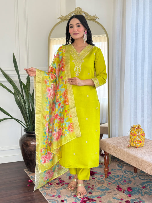 YELLOW GREEN COLOURED  WOMEN'S  VISCOSE CHANDERI  EMBROIDERED  KURTA WITH PANT DUPATTA SET