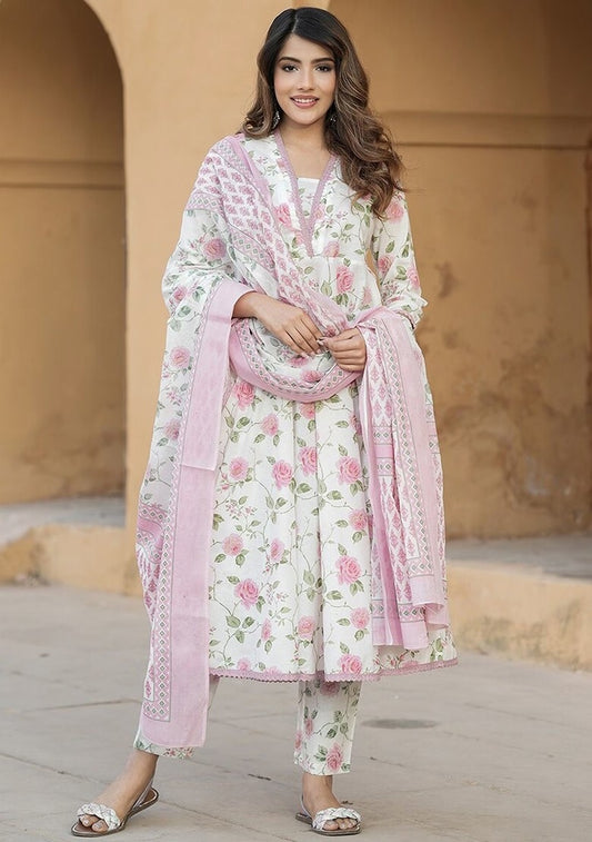 KAMINI PINK COLOURED  WOMEN'S  COTTON SLUB  KURTA WITH PANT DUPATTA  SET