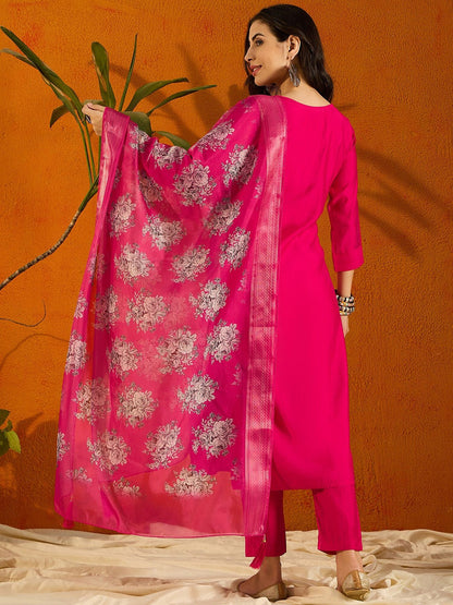 RED COLOURED  WOMEN'S  VISCOSE CHANDERI  EMBROIDERED  KURTA WITH PANT DUPATTA SET