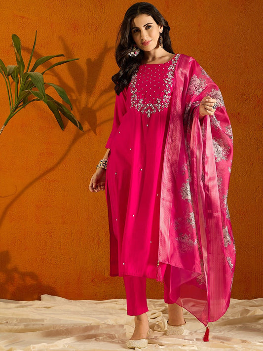 RED COLOURED  WOMEN'S  VISCOSE CHANDERI  EMBROIDERED  KURTA WITH PANT DUPATTA SET