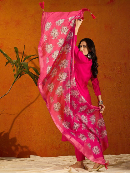 RED COLOURED  WOMEN'S  VISCOSE CHANDERI  EMBROIDERED  KURTA WITH PANT DUPATTA SET