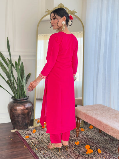 REVA PINK COLOURED  WOMEN'S VISCOSE BLEND REYON  EMBROIDERED  KURTA WITH PANT DUPATTA SET