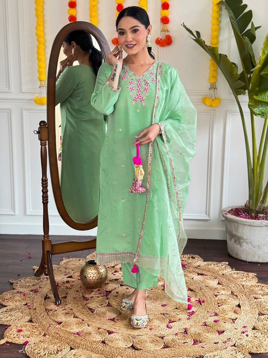 PISTA GREEN COLOURED  WOMEN'S VISCOSE CHANDERI EMBROIDERED  KURTA WITH PANT DUPATTA SET