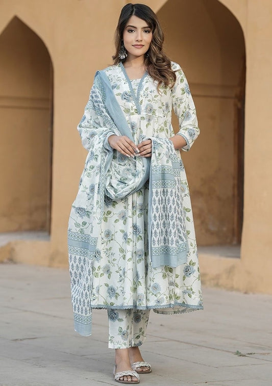 KAMINI WHITE  COLOURED  WOMEN'S  COTTON SLUB  KURTA WITH PANT DUPATTA  SET