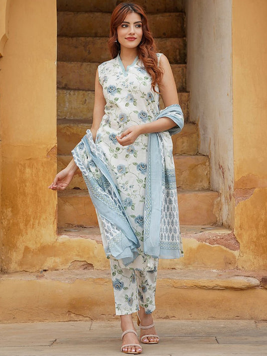 DAMINI WHITE  COLOURED  WOMEN'S  COTTON SLUB  KURTA WITH PANT DUPATTA  SET