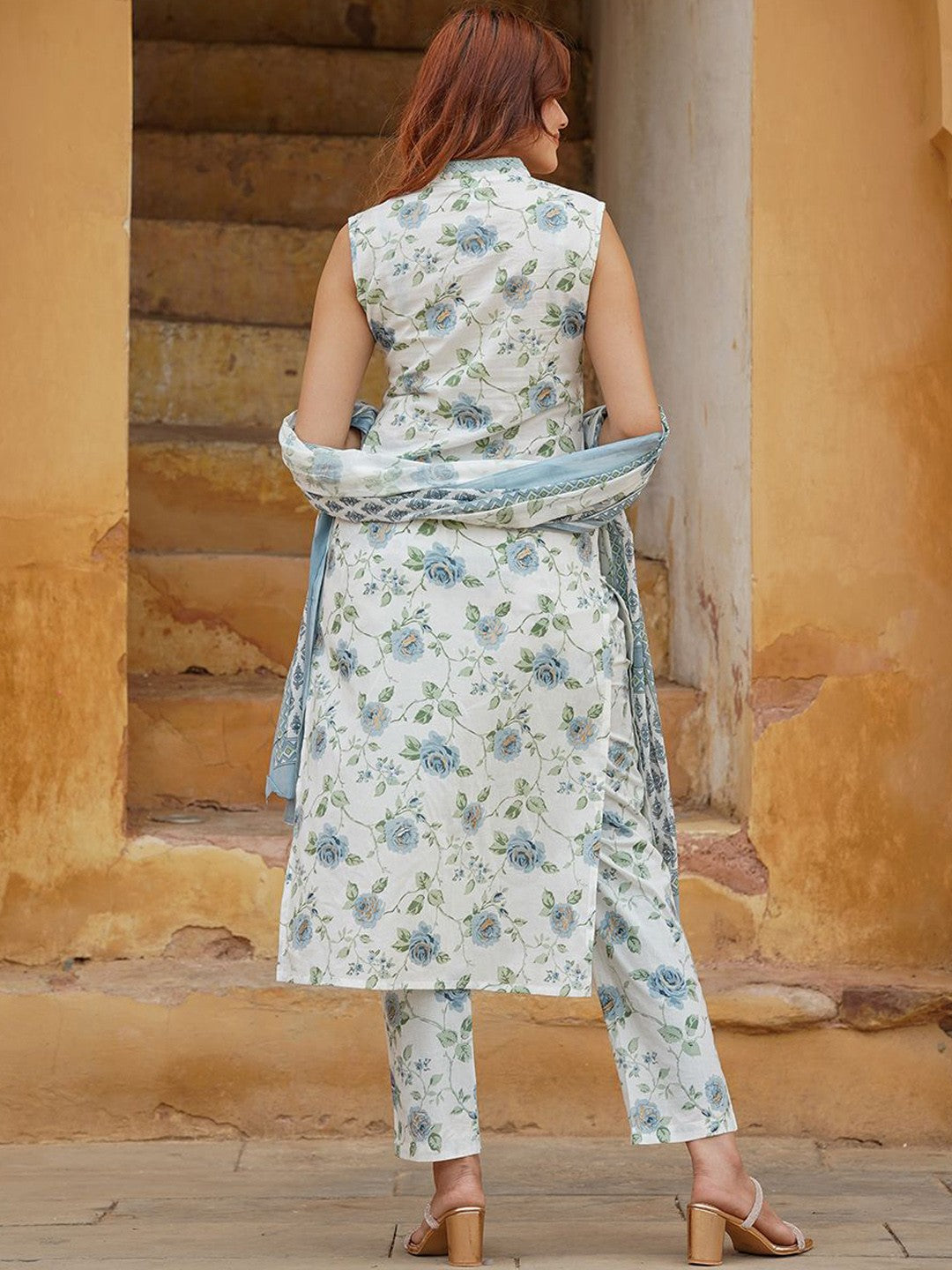 DAMINI WHITE  COLOURED  WOMEN'S  COTTON SLUB  KURTA WITH PANT DUPATTA  SET