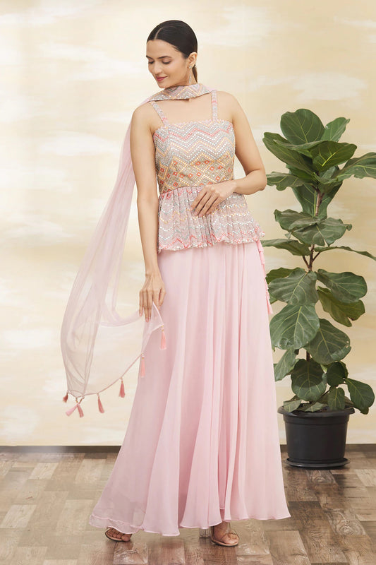 Gorgeous light pink  women's faux georgette Calf Length Kurta with dupatta  Set