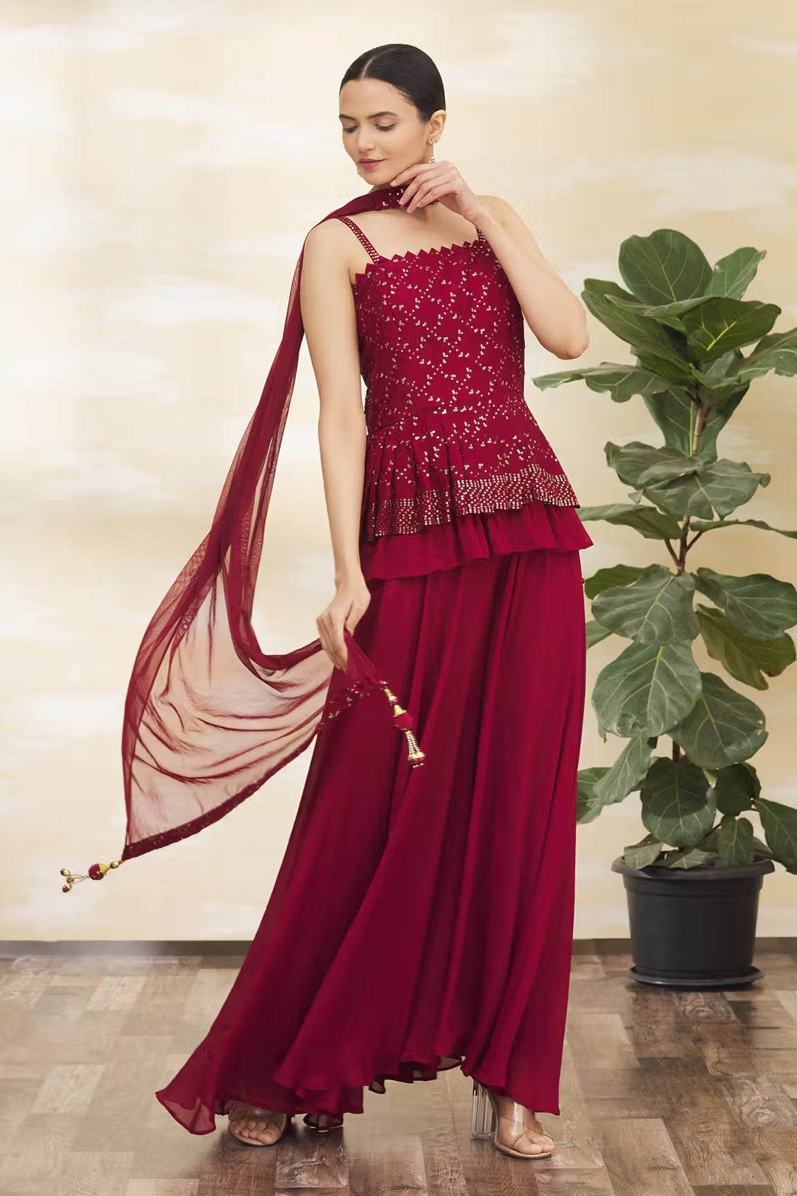 RED COLOURED WOMEN'S FAUX GEORGETTE EMBROIDERY KURTA WITH PANT DUPATTA SET