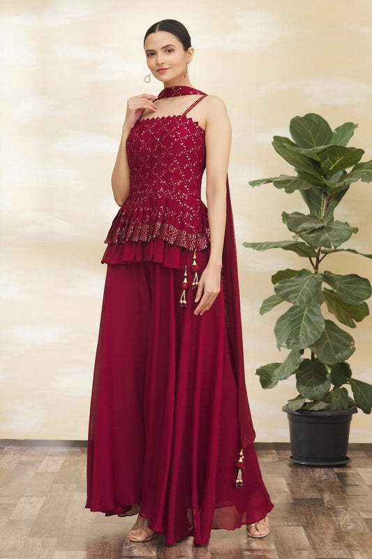 RED COLOURED WOMEN'S FAUX GEORGETTE EMBROIDERY KURTA WITH PANT DUPATTA SET
